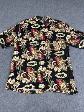 Protest Mens Hawaiian Shirt Large Black Floral Guitar Print Short Sleeve